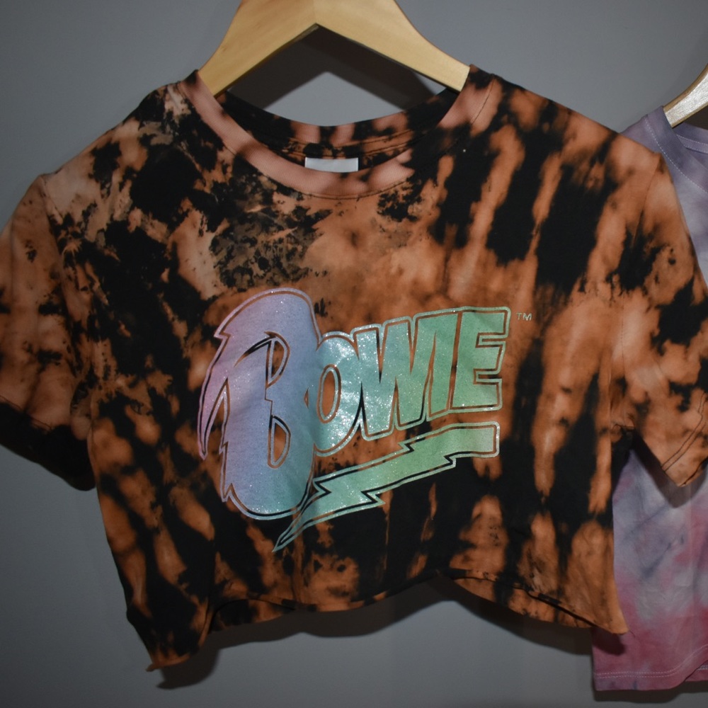 Custom bleach dye, graphic BOWIE cropped T-shirt.